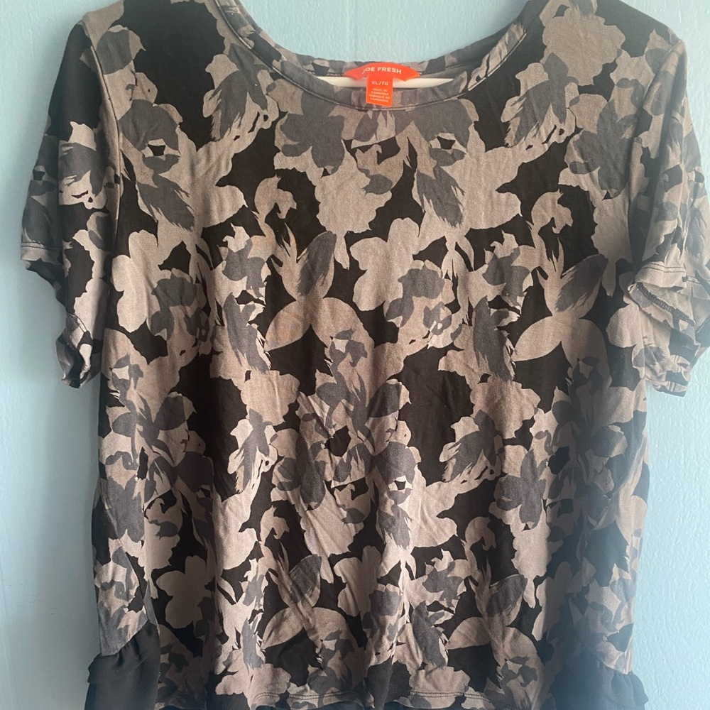 Joe Fresh Black and Taupe Floral Short Sleeve Top with Sheer Layered Hem